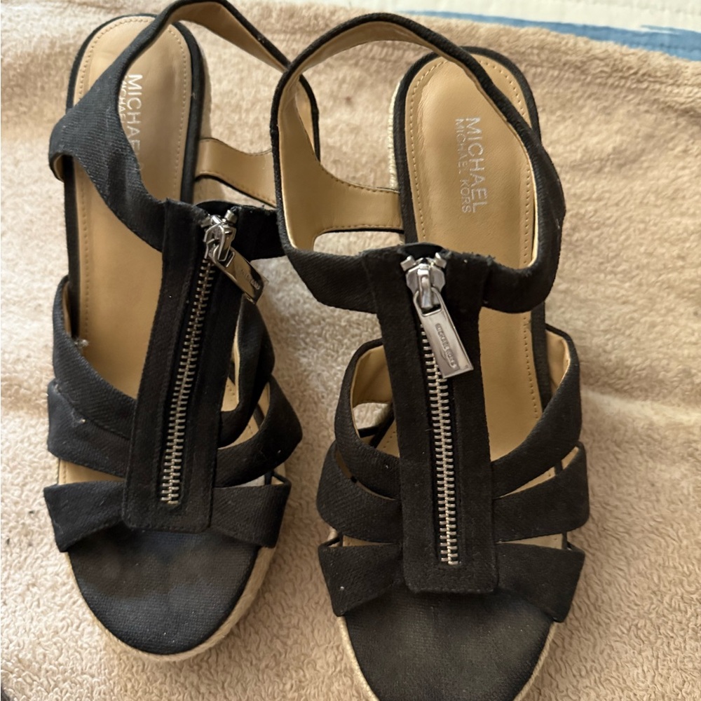 Michael Kors Black Sandals with Silver Zipper and Strappy Design